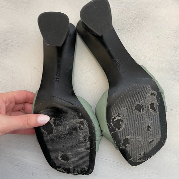 Zara Women's Slip On Sandals Knotted Leather Square Toe Heels in Green Sz 39 - Picture 8 of 8